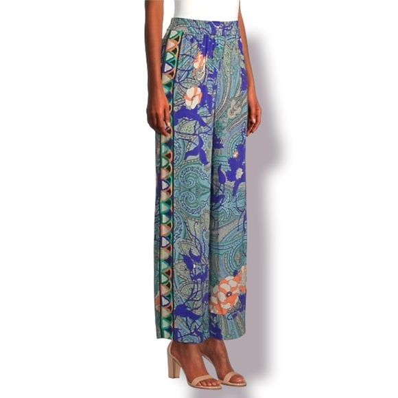 Kobi Halperin Arlene Floral Paisley Blue Green Designer Wide Leg Artsy Pants, XL - Picture 5 of 8